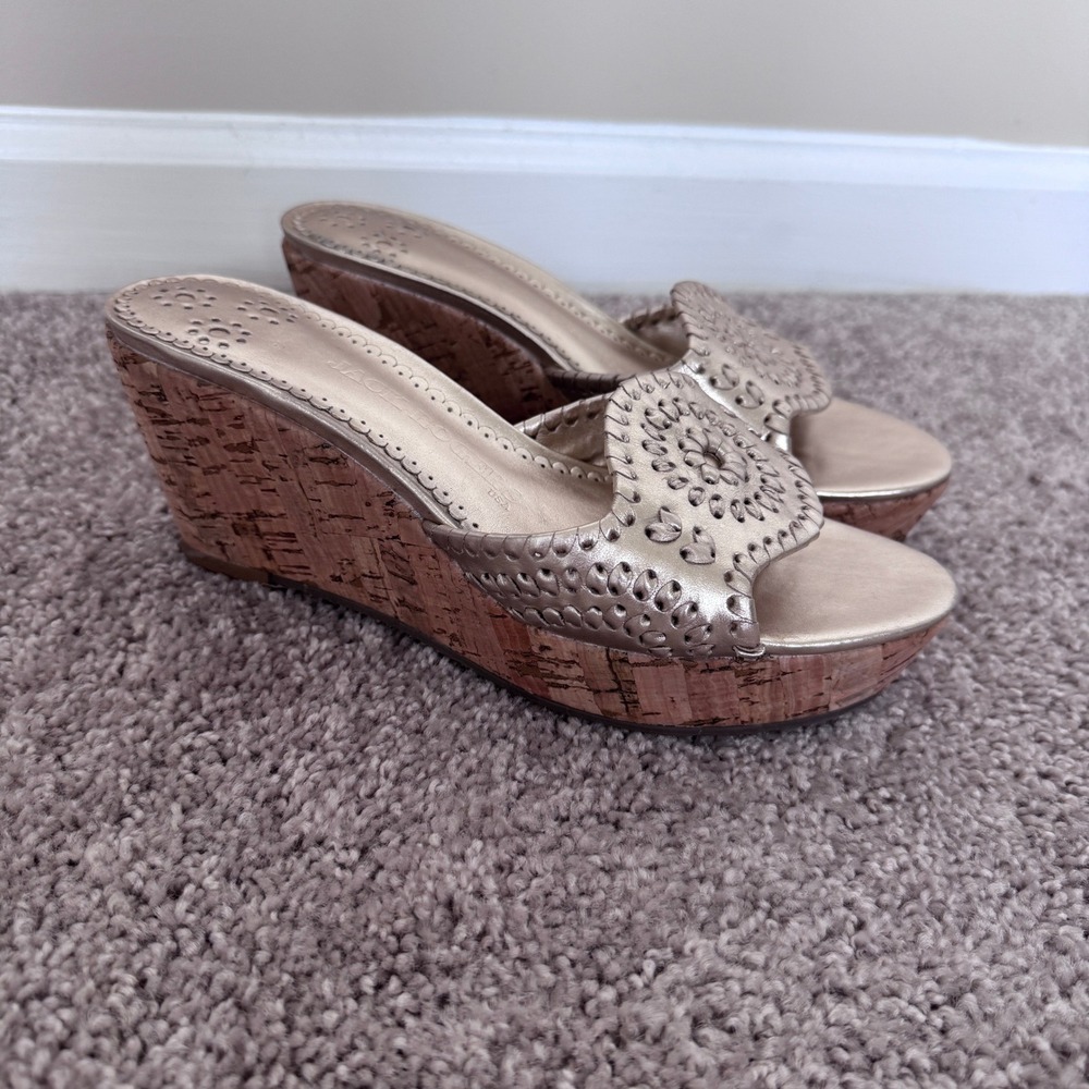 Jack Rogers Gold Leather Whipstitch Cork Wedge Sandals Womens 6.5 Platform Slide